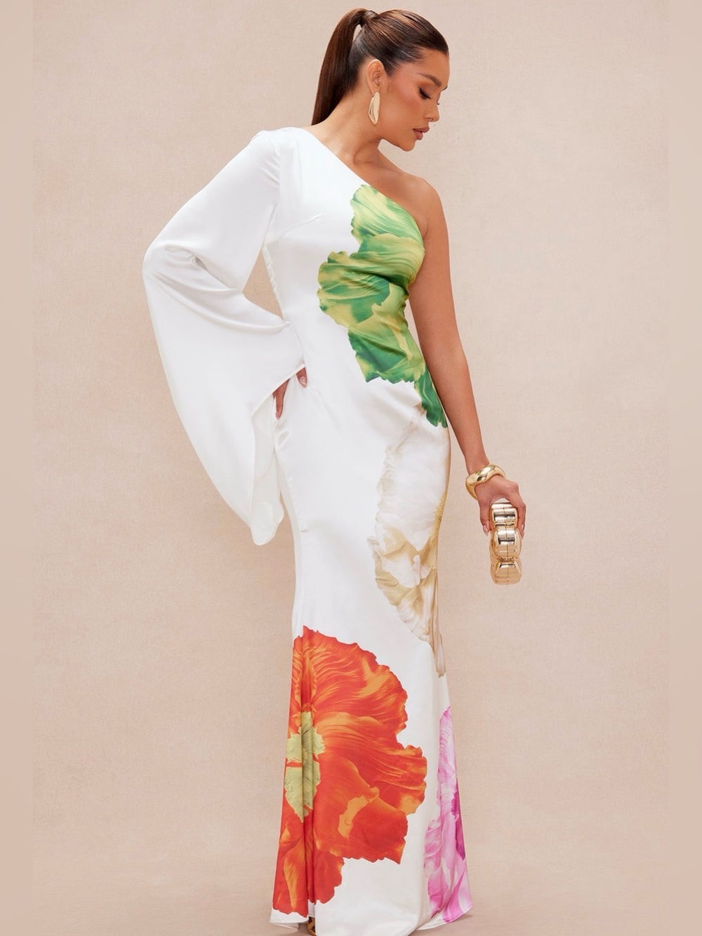 Floral One-Shoulder Maxi Dress in Ivory with Green, Beige & Red Blooms